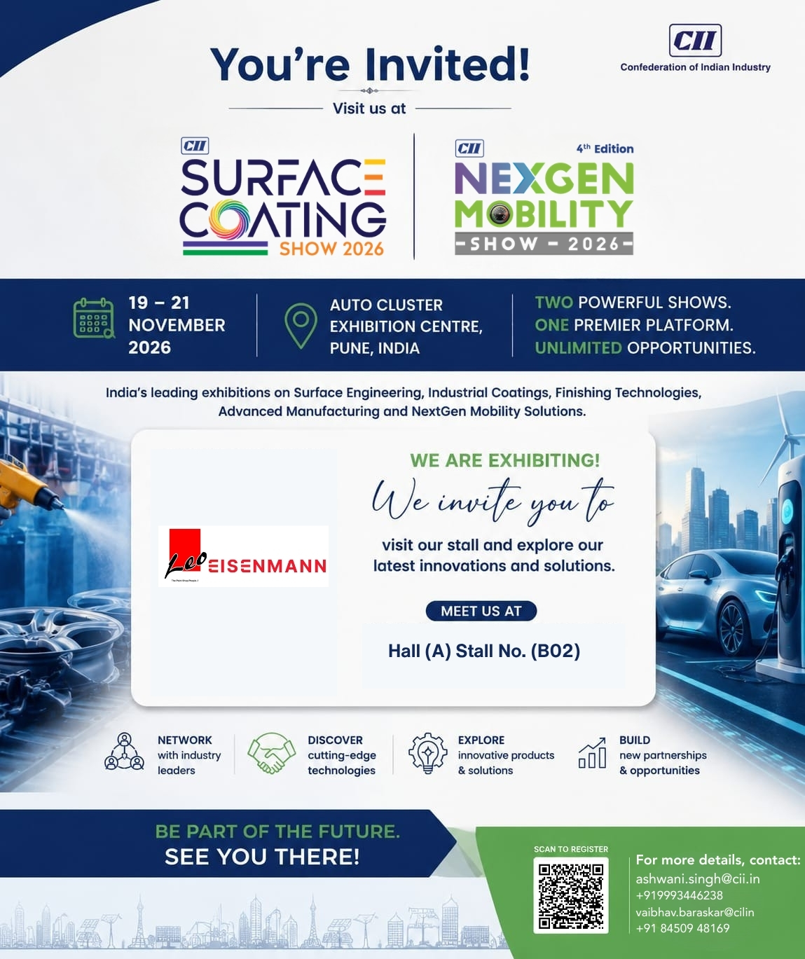 You're invited — CII Surface Coating Show & NexGen Mobility Show 2026, 19-21 November, Auto Cluster Exhibition Centre, Pune. Visit Leo Eisenmann at Hall A, Stall B02.